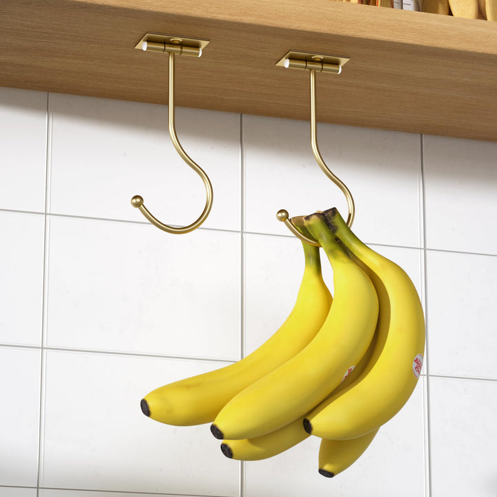 Gold Banana Holder Under Cabinet - Folding Banana Hook, Adhesive Banana Hanger, Folds Up with Magnets When Not in Use, Keep Bananas Fresh, 2 Pack