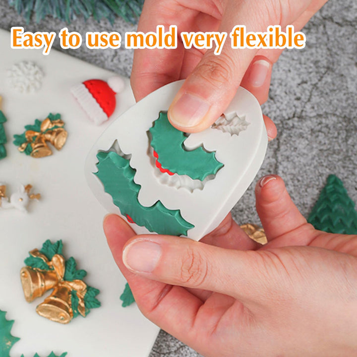 Christmas Fondant Mold Set of 5 Pieces- 3D Snowflake, Christmas Tree, Reindeer, Holly Leaf, Cupcake Topper for Cake Decorating Tools