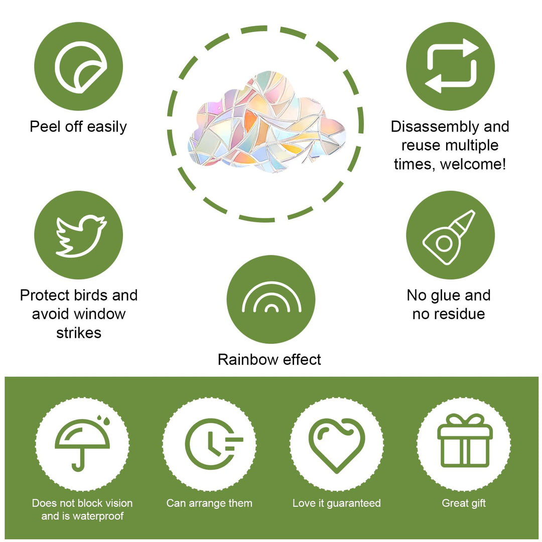 4 Sheets Anti Collision Window Clings, Window Decals to Prevent Bird Strikes Prism Pattern Window Stickers for Birds Alert Stickers to Protect Wild Birds Against Glass (Clouds)