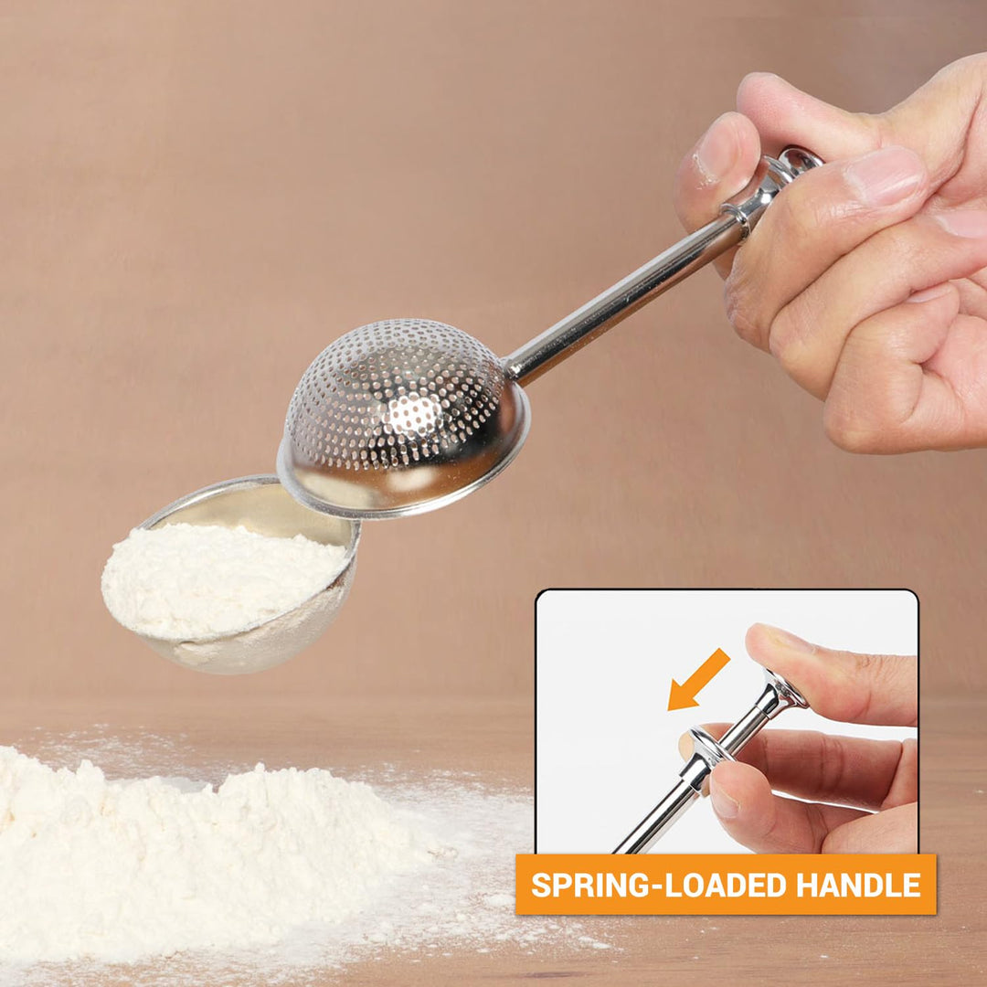 HULISEN Dusting Wand for Sugar, Flour and Spices, 18/8 Stainless Steel, Spring Operated Handle for One-Handed Operation, Cinnamon Wand
