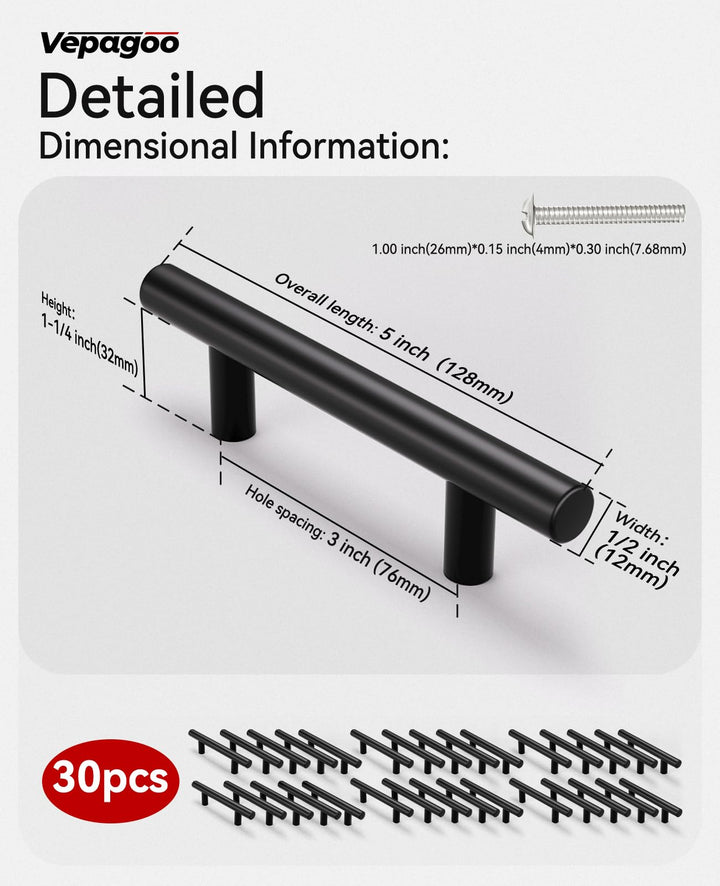 Vepagoo 30 Pack 5" Matte Black Cabinet Handles Drawer Pulls – 3 inch Hole Center Stainless Steel Handle Pull for Kitchen, Bathroom, Wardrobes, Tv Cabinets – Poignée Armoire Cuisine