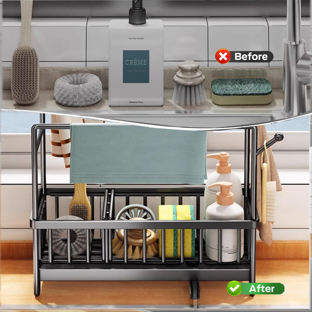 Sponge Holder for Kitchen Sink, Sink Caddy with High Brush Holder, Dishcloth Hanger and Auto Draining Tray, 304 Stainless Steel Dish Organizer Divider