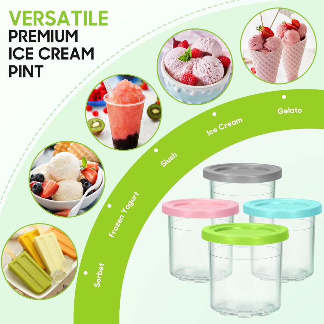 4 Pack Ice Cream Containers and Lids Extra Cups Replacement for Ninja Creami Pints and Lids - Compatible with NC300, & NC299AMZ Series Ice Cream Makers, BPA-Free, Dishwasher Safe