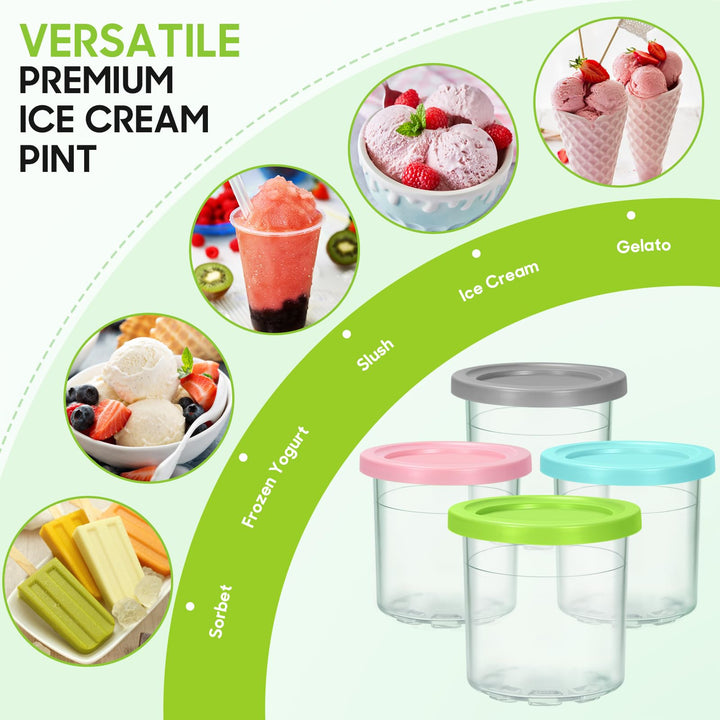 4 Pack Ice Cream Containers and Lids Extra Cups Replacement for Ninja Creami Pints and Lids - Compatible with NC300, & NC299AMZ Series Ice Cream Makers, BPA-Free, Dishwasher Safe