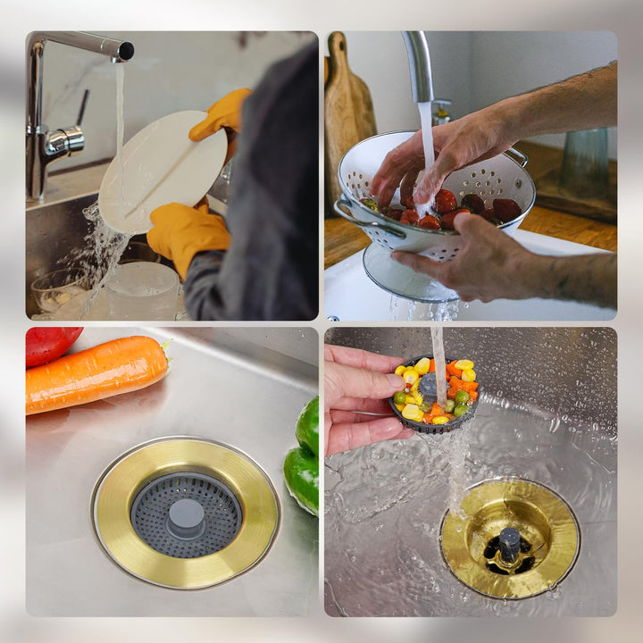 Hibbent Upgraded 3 in 1 Kitchen Sink Drain Strainer and Stopper Combo, Stainless Steel Metal Pop Up Sink Stopper, 3 Anti-Clogging Basket Strainers for US Standard 3-1/2 Inch Drain, Brushed Gold