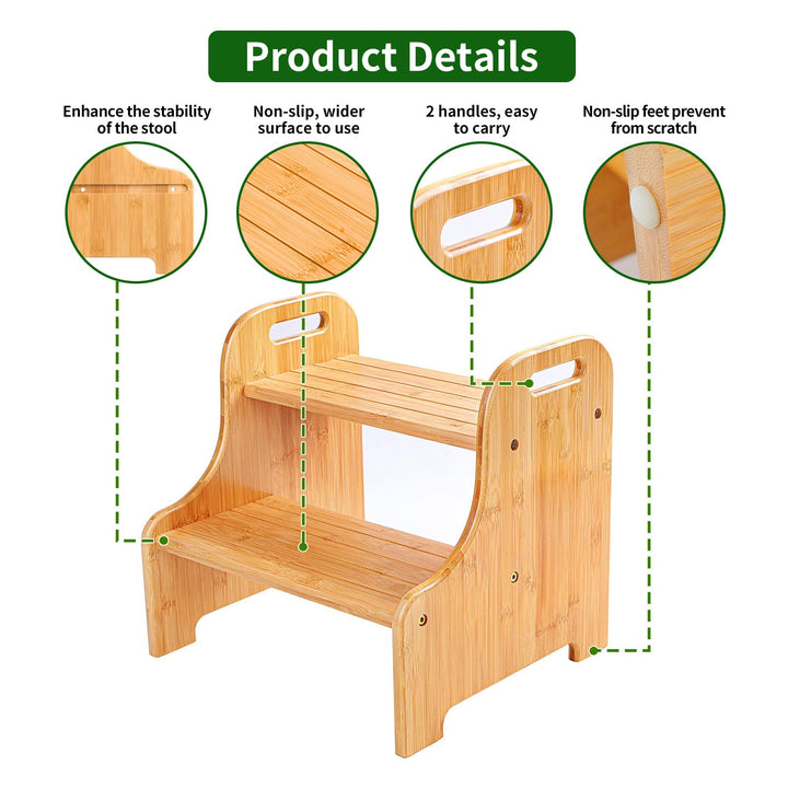 VaeFae Bamboo 2 Step Stool with Non-Slip Step Treads and 2 Cutout Handles