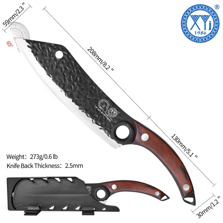 XYJ XYJ Forged Kitchen Knife,High Carbon Steel Blade,Meat Cleaver for Meat Cutting,Vegetable Slicing Cooking Chef Knife,Finger Hole,Full Tang,Wood Handle,Knife with Sheath,Case (Coffee, 8")