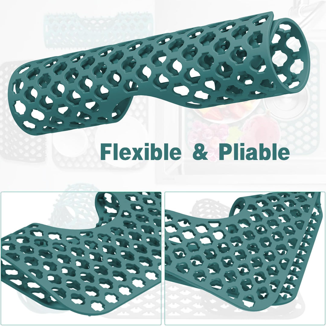 FFXQCTFF Kitchen Sink Mat, Silicone, Rectangular, 13.6x11.6 inches, Green, Center Drain, Countertop