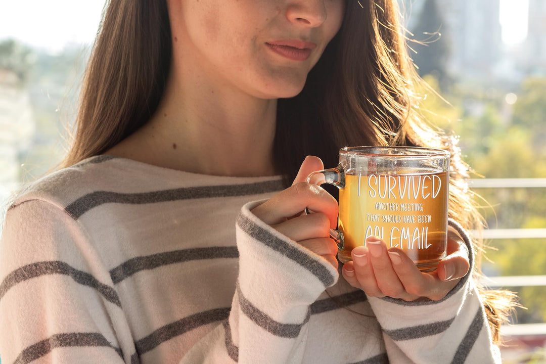 I Survived Another Meeting That Should Have Been an Email 11oz Glass Coffee Mug Funny Christmas Present for Co-Worker
