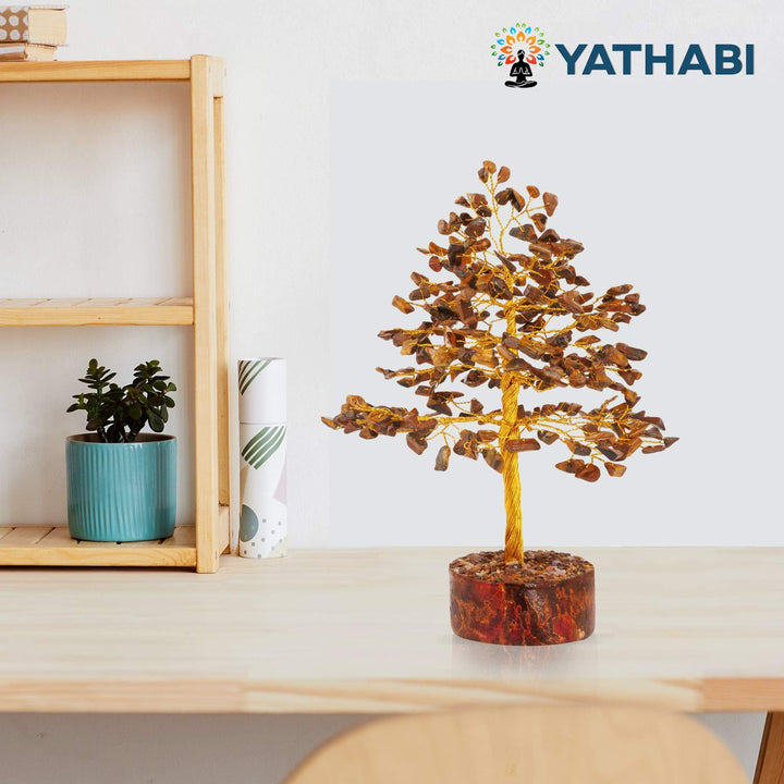YATHABI Tiger Eye Golden Wire Handmade Gemstone Tree Feng Shui Bonsai for Attracting Positive Energies Crystal Healing Chakra Cleansing & Home Decor Size:- 10 Inch Approx