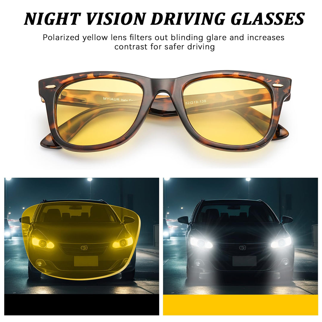 TJUTR Night Driving Glasses for Men Women, Classic Anti Glare Night Vision Glasses, Polarized Yellow Lens for Night Time