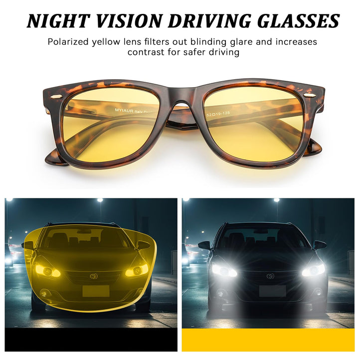 TJUTR Night Driving Glasses for Men Women, Classic Anti Glare Night Vision Glasses, Polarized Yellow Lens for Night Time