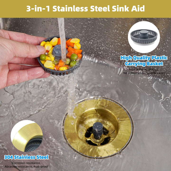 Hibbent Upgraded 3 in 1 Kitchen Sink Drain Strainer and Stopper Combo, Stainless Steel Metal Pop Up Sink Stopper, 3 Anti-Clogging Basket Strainers for US Standard 3-1/2 Inch Drain, Brushed Gold