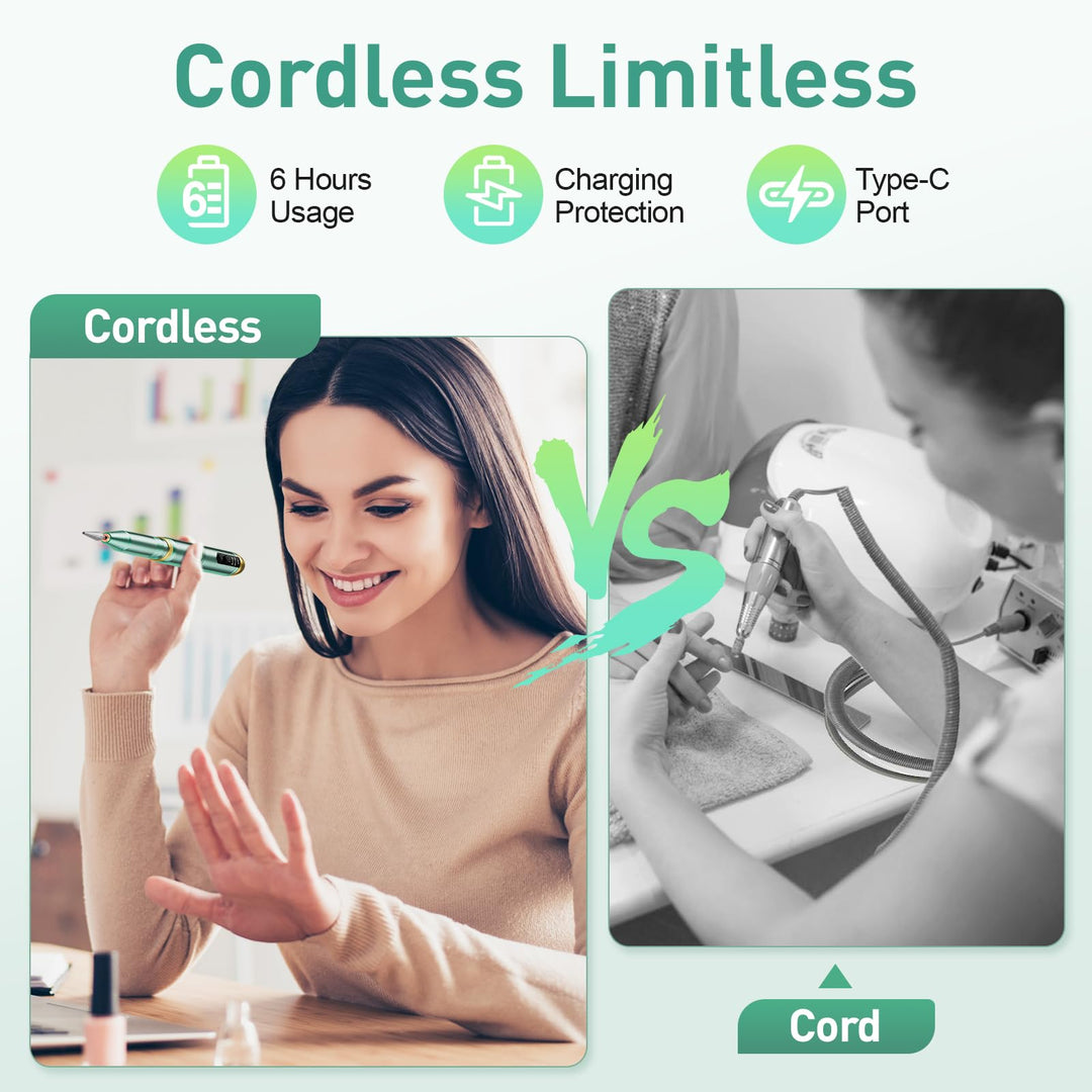 Beloving Cordless Nail Drill, Electric Nail Drill Machine for Gel Acrylic Nails, Rechargeable Portable Nail File Remover, Professional 20000rpm Nail Kit Manicure Pedicure Polishing Tool - Green