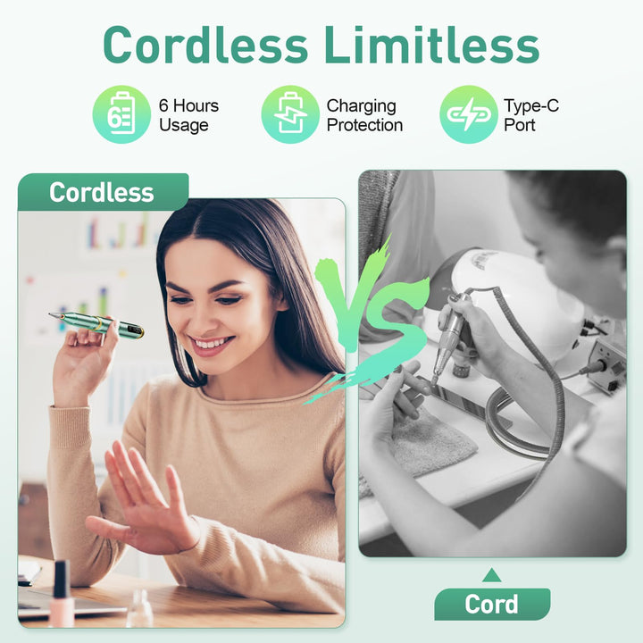 Beloving Cordless Nail Drill, Electric Nail Drill Machine for Gel Acrylic Nails, Rechargeable Portable Nail File Remover, Professional 20000rpm Nail Kit Manicure Pedicure Polishing Tool - Green