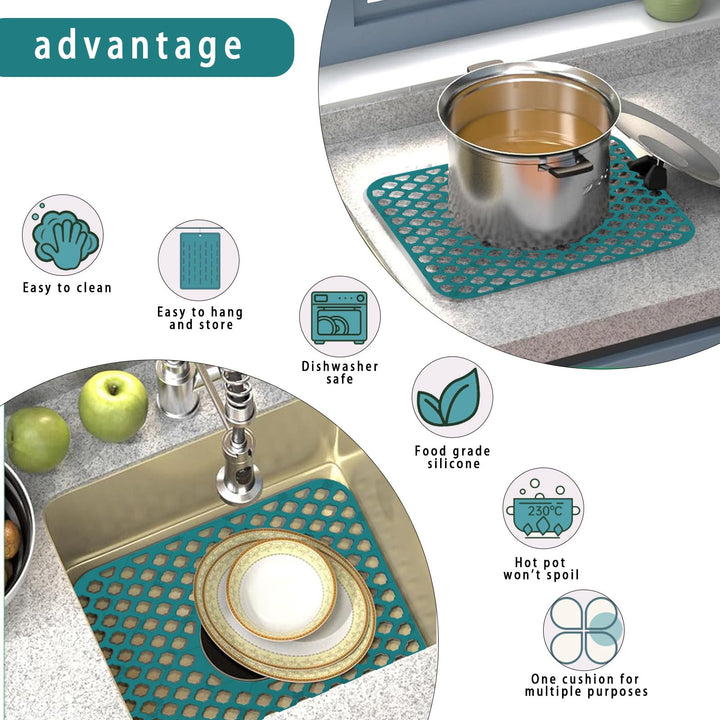 FFXQCTFF Kitchen Sink Mat, Silicone, Rectangular, 13.6x11.6 inches, Green, Center Drain, Countertop