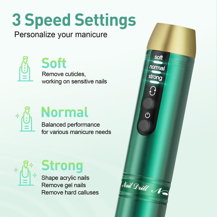 Beloving Cordless Nail Drill, Electric Nail Drill Machine for Gel Acrylic Nails, Rechargeable Portable Nail File Remover, Professional 20000rpm Nail Kit Manicure Pedicure Polishing Tool - Green