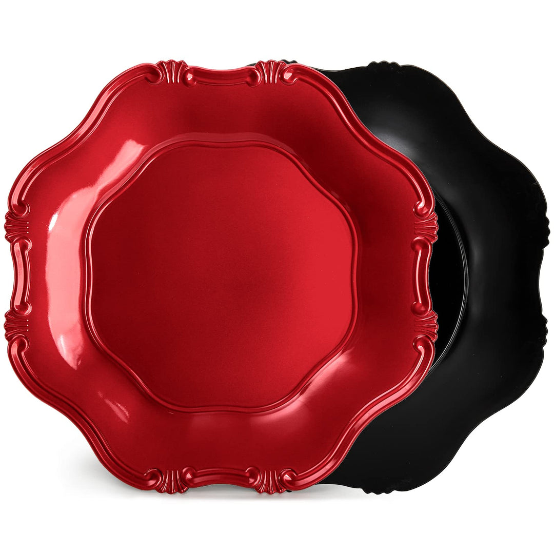 ZOOFOX Set of 12 Red Charger Plates, 13" Metallic Scalloped Charger for Dinner Plate, Decorative Service Plates for Christmas Tabletop Holiday Wedding Catering Event Decor