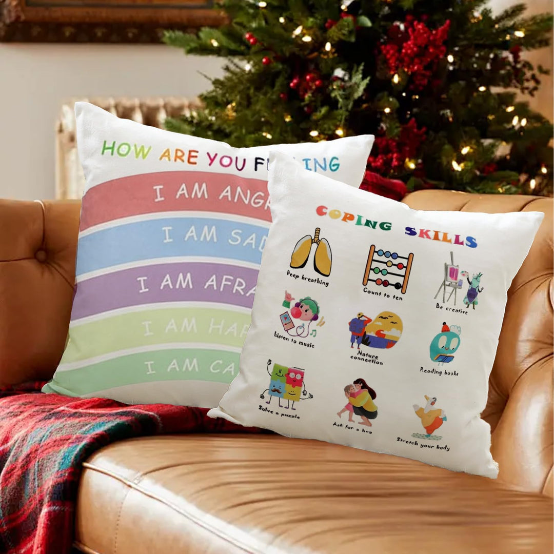 Coping Skills - Counseling Office Must Haves Throw Pillow Covers Calming Corner Mental Health Pillow for Kids Classroom Decor - Calm Down Corner Supplies 18x18 Inch Pillowcase