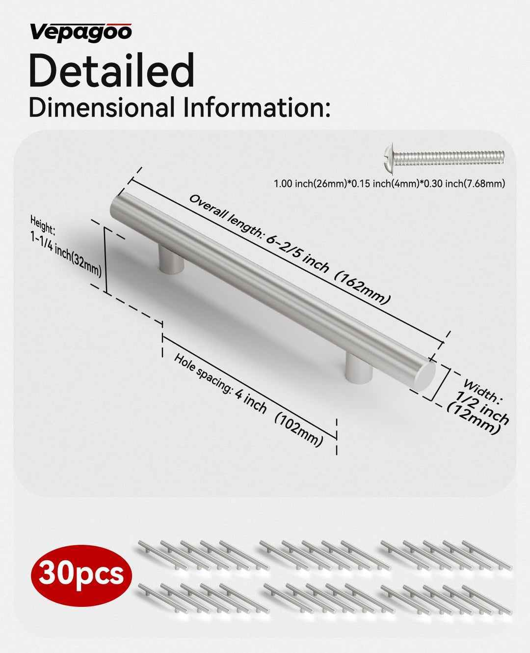 Vepagoo 30 Pack 6-2/5" Brushed Nickel Cabinet Handles Drawer Pulls – 4 inch Hole Center Silver Stainless Steel Handle Pull for Kitchen, Bathroom, Wardrobes, Tv Cabinets – Poignée Armoire Cuisine