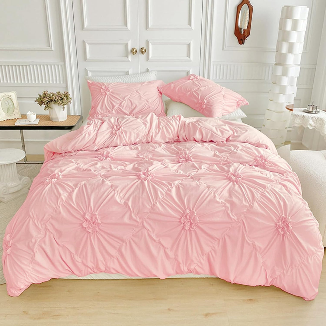 Rvciby Girls Pink Flower Duvet Cover Twin Size,2PCS Soft Microfiber Bedding Set,Boho Textured Geometric Pattern Duvet Cover with Corner Ties &amp; Zipper Closure 66&#34;x90&#34;-1 Duvet Cover,1 Pillow Cases