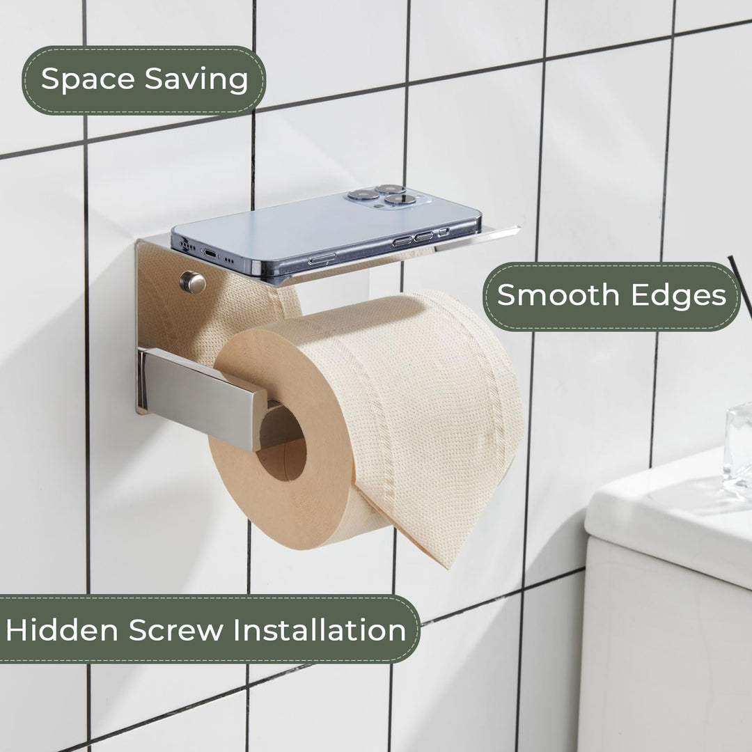 KOKOSIRI Toilet Paper Holder with Shelf Chrome Bathroom Toilet Roll Holder T-304 Polished Stainless Steel Wall Mounted, 2 Pack, B2010CH-P2