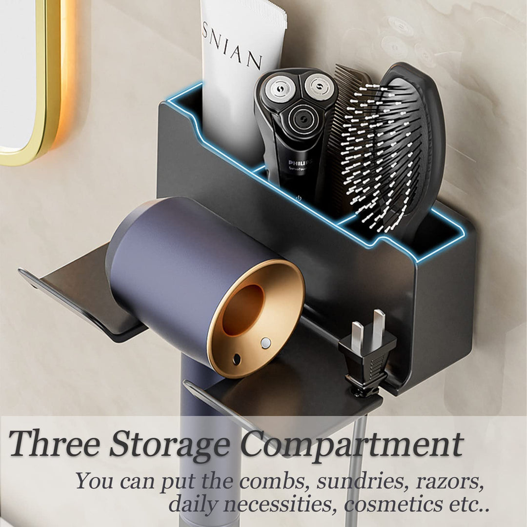Little World Bathroom Organizer - Wall Mounted Hair Styling Tools Organizer Cabinet Door Blow Rack for Hair Dryer Stand with Plug Hook Black
