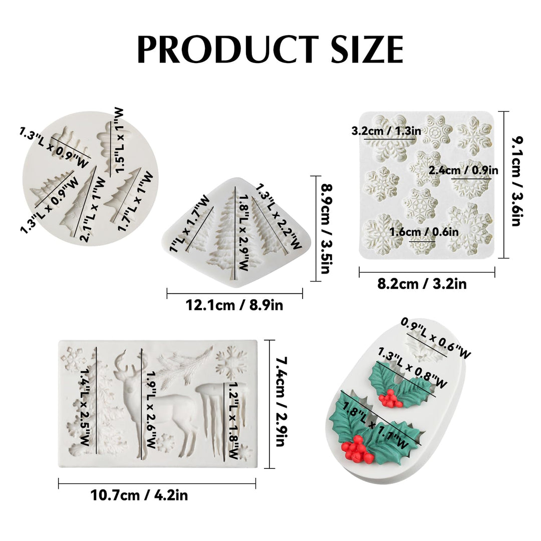 Christmas Fondant Mold Set of 5 Pieces- 3D Snowflake, Christmas Tree, Reindeer, Holly Leaf, Cupcake Topper for Cake Decorating Tools