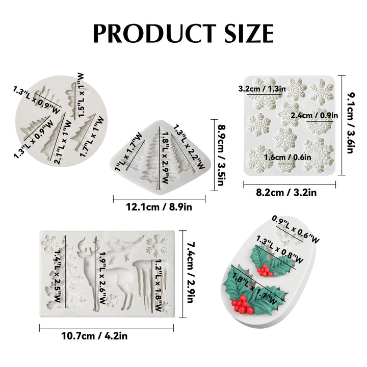 Christmas Fondant Mold Set of 5 Pieces- 3D Snowflake, Christmas Tree, Reindeer, Holly Leaf, Cupcake Topper for Cake Decorating Tools