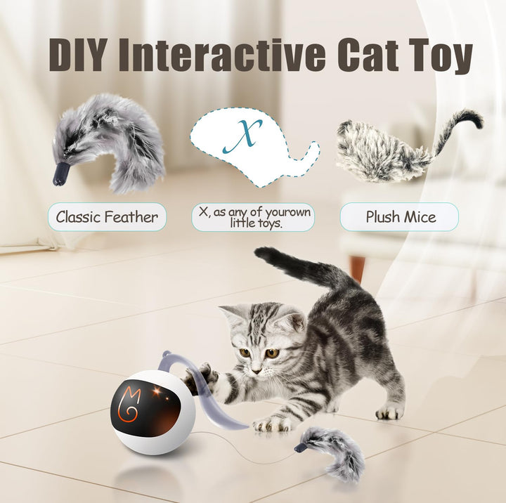 Migipaws Interactive Cat Ball Toy Set, Fun Tracker, Automatic Moving Chase Ball with Fluffy Tail, A Small Mice, Rechargeable (White)