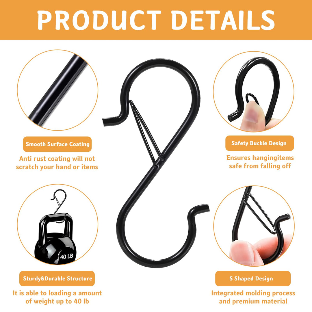 12 Pcs S Hooks for Hanging, Heavy Duty Metal S Shaped Hooks with Safety Buckle for Plants, Pots, Towels and Bags, 3.55 inch (Black)