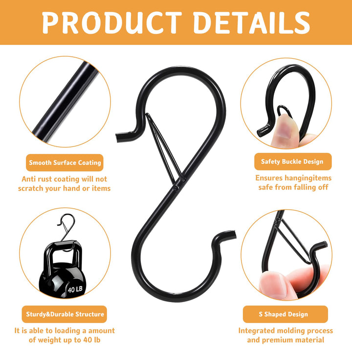 12 Pcs S Hooks for Hanging, Heavy Duty Metal S Shaped Hooks with Safety Buckle for Plants, Pots, Towels and Bags, 3.55 inch (Black)