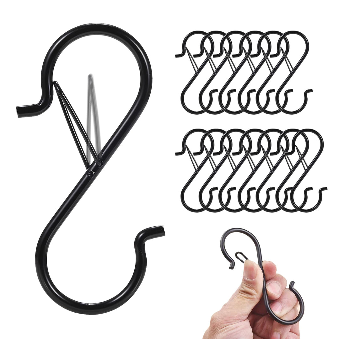12 Pcs S Hooks for Hanging, Heavy Duty Metal S Shaped Hooks with Safety Buckle for Plants, Pots, Towels and Bags, 3.55 inch (Black)
