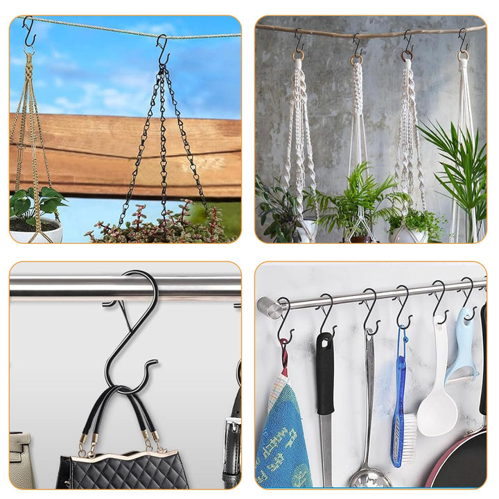 12 Pcs S Hooks for Hanging, Heavy Duty Metal S Shaped Hooks with Safety Buckle for Plants, Pots, Towels and Bags, 3.55 inch (Black)