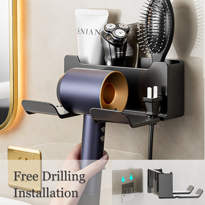 Little World Bathroom Organizer - Wall Mounted Hair Styling Tools Organizer Cabinet Door Blow Rack for Hair Dryer Stand with Plug Hook Black