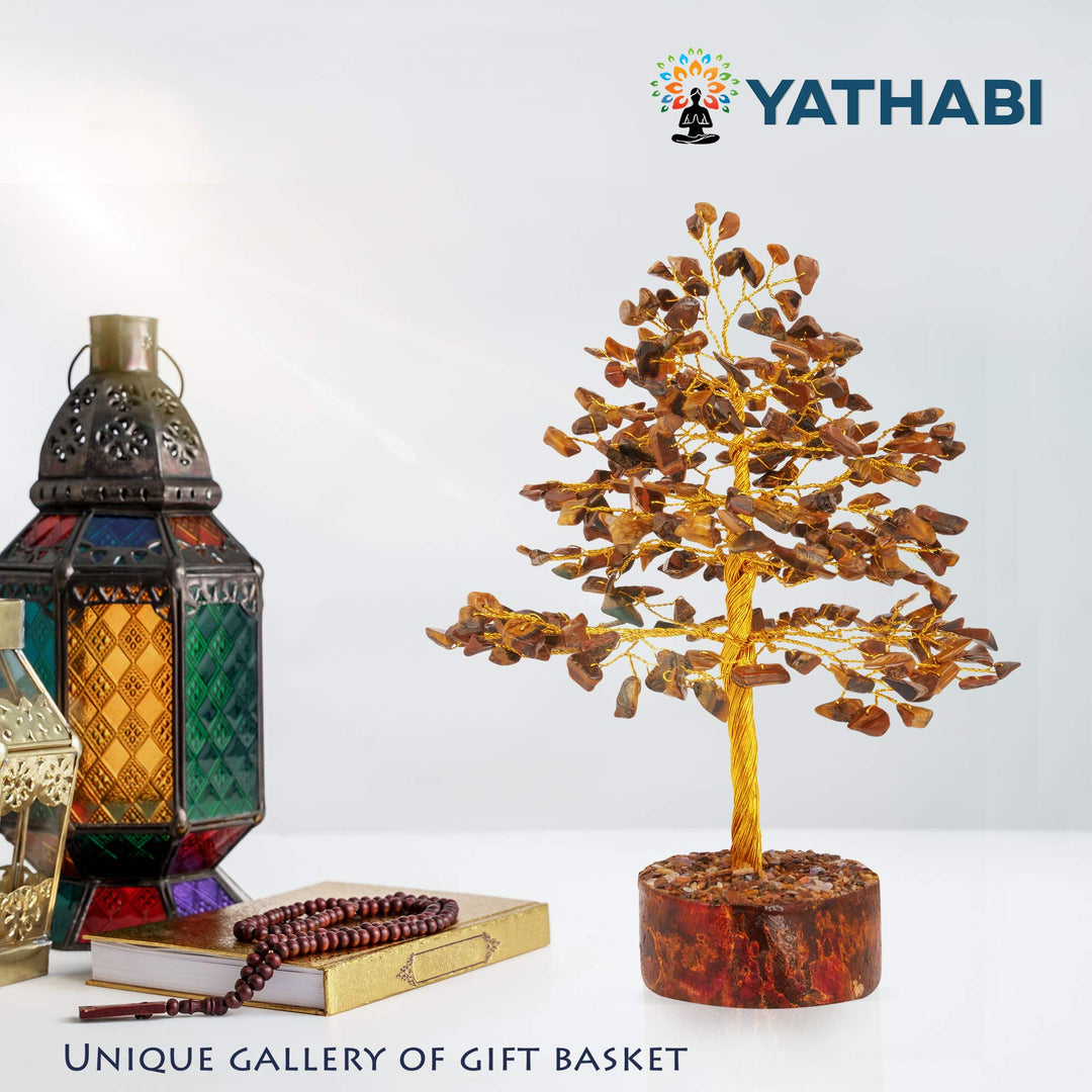 YATHABI Tiger Eye Golden Wire Handmade Gemstone Tree Feng Shui Bonsai for Attracting Positive Energies Crystal Healing Chakra Cleansing & Home Decor Size:- 10 Inch Approx
