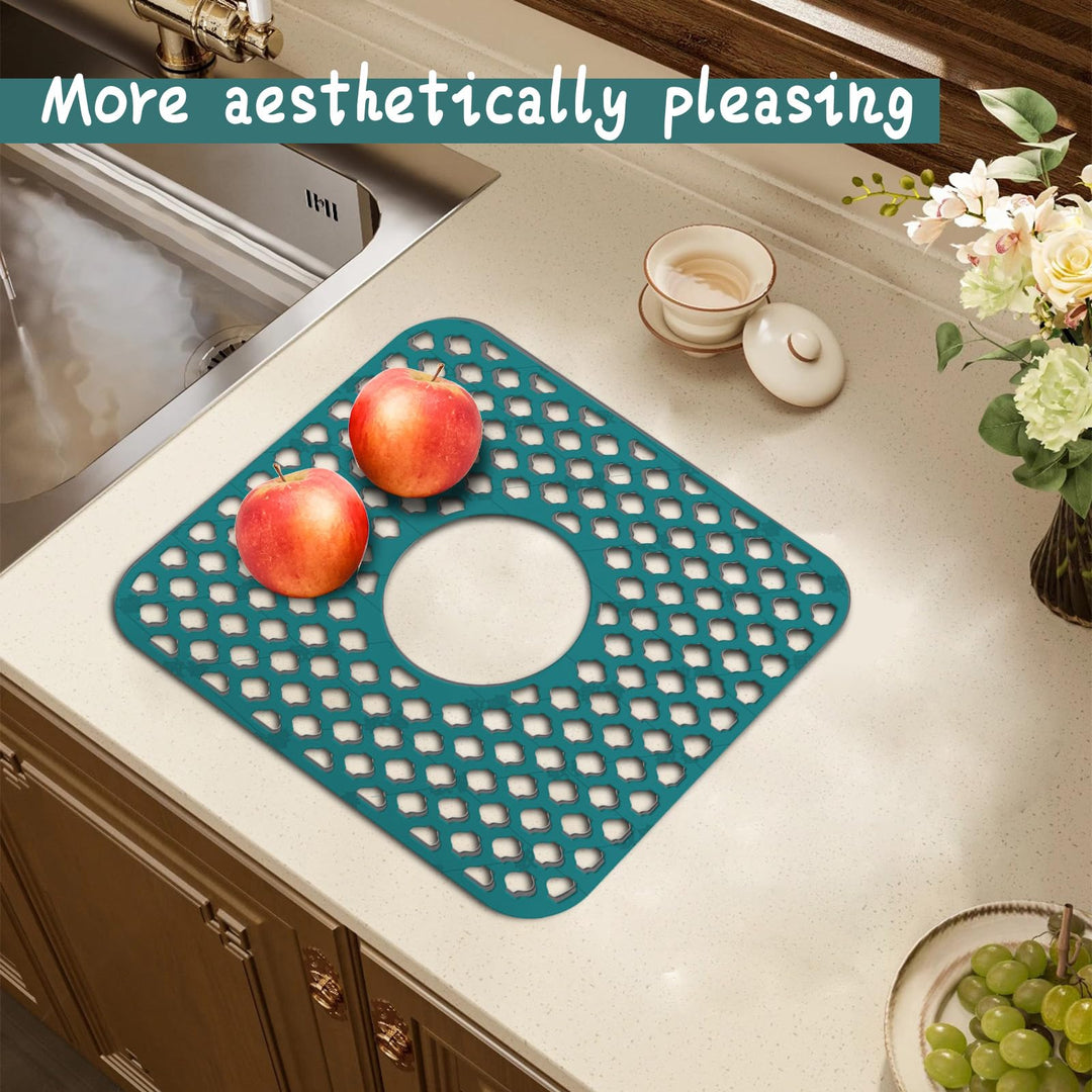 FFXQCTFF Kitchen Sink Mat, Silicone, Rectangular, 13.6x11.6 inches, Green, Center Drain, Countertop