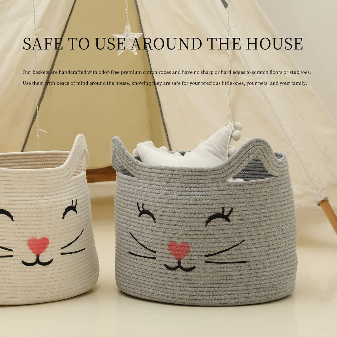 ZLG Cat Face Baby Basket with Handles Handmade Standing baskets for Nursery Decor and Storage