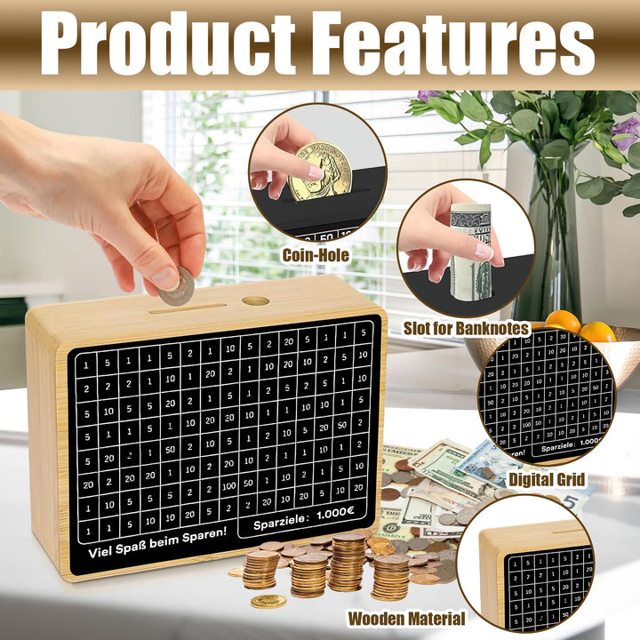 Wooden Piggy Bank Money Box, Money Counter Piggy Bank, Wooden Cash Savings Box for $1000 Target Money Saving Challenge