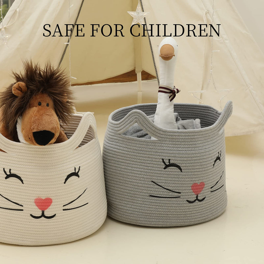 ZLG Cat Face Baby Basket with Handles Handmade Standing baskets for Nursery Decor and Storage