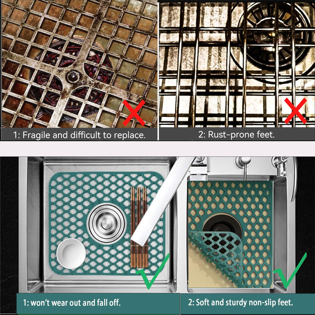 FFXQCTFF Kitchen Sink Mat, Silicone, Rectangular, 13.6x11.6 inches, Green, Center Drain, Countertop