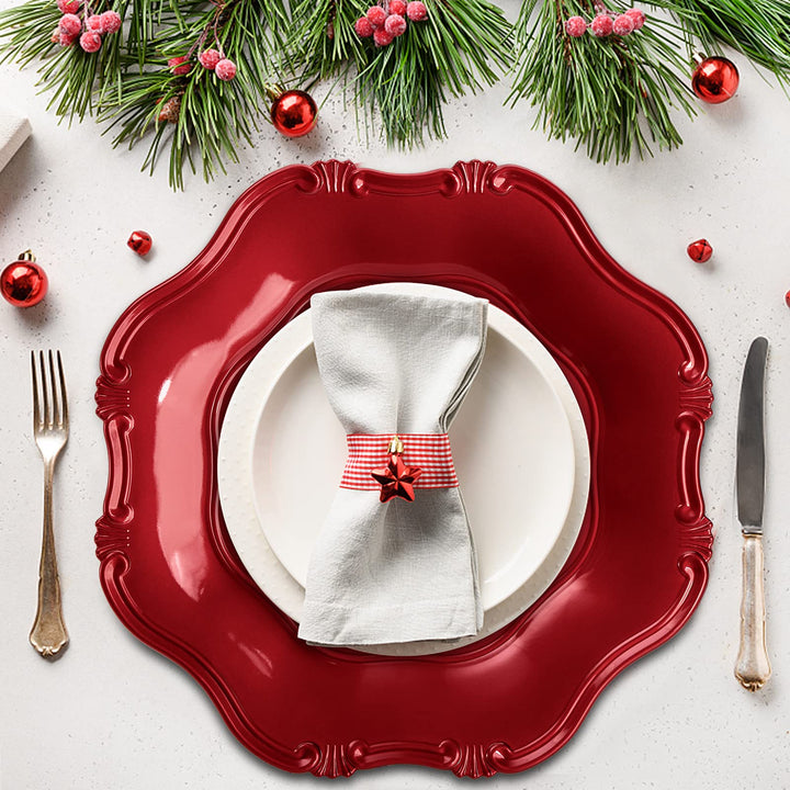 ZOOFOX Set of 12 Red Charger Plates, 13" Metallic Scalloped Charger for Dinner Plate, Decorative Service Plates for Christmas Tabletop Holiday Wedding Catering Event Decor