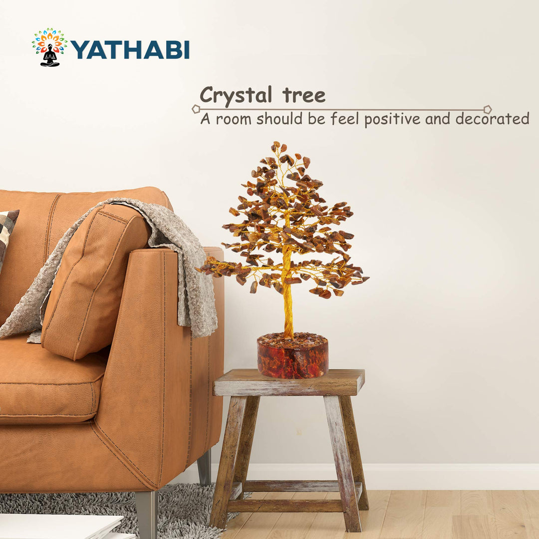 YATHABI Tiger Eye Golden Wire Handmade Gemstone Tree Feng Shui Bonsai for Attracting Positive Energies Crystal Healing Chakra Cleansing & Home Decor Size:- 10 Inch Approx