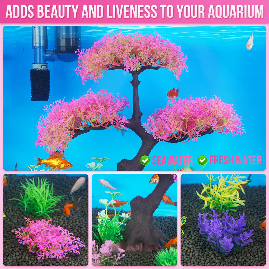 Aquarium Plastic Plants Artificial Decorations, Large Fish Tank Fake Tree Plant Decor Ornaments Accessories (Pink)