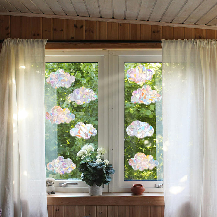 4 Sheets Anti Collision Window Clings, Window Decals to Prevent Bird Strikes Prism Pattern Window Stickers for Birds Alert Stickers to Protect Wild Birds Against Glass (Clouds)