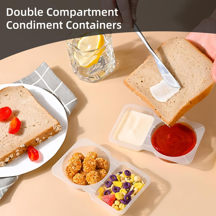 20 Pcs Snack Pack Containers, Reusable 2 Compartment Condiment Containers with Lids, On the Go Mini Sauce Boxes, Clear Individual Lunch Snack Packs for Kid and Adults