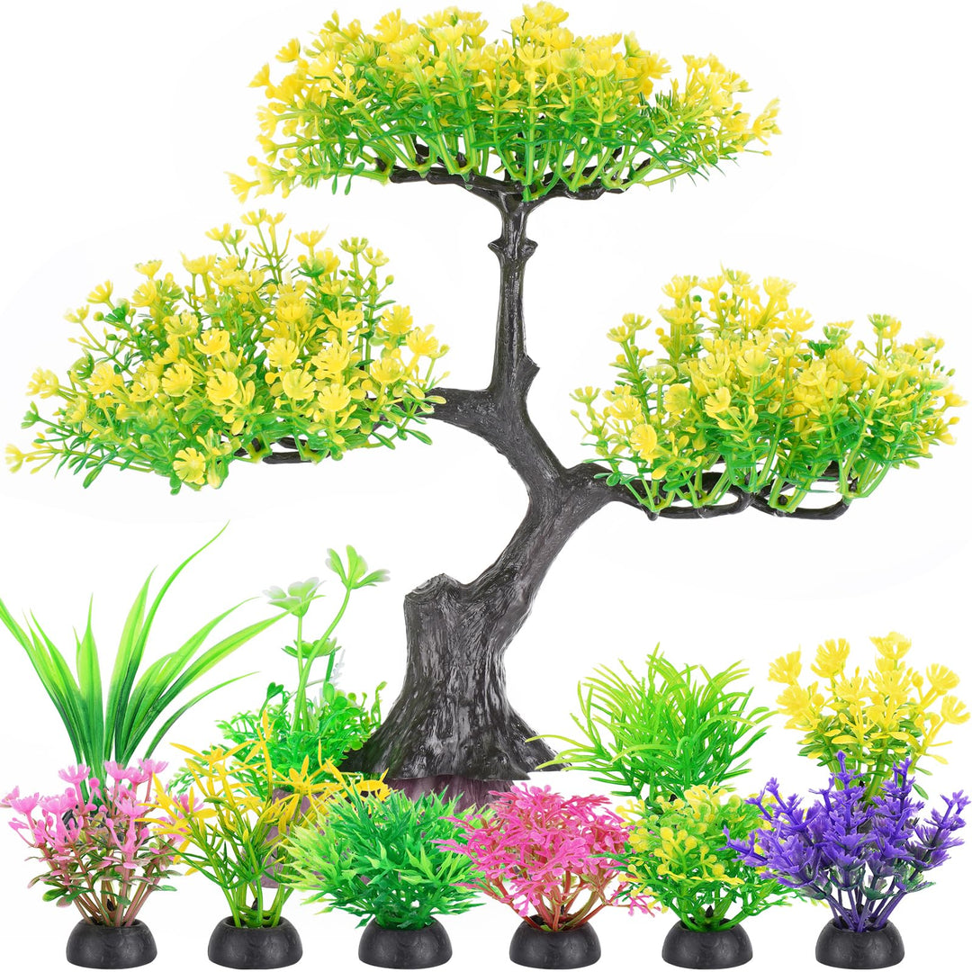 Aquarium Plastic Plants Artificial Decorations, Large Fish Tank Fake Tree Plant Decor Ornaments Accessories (Yellow)