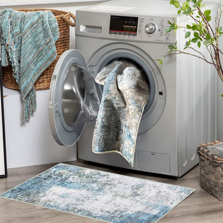 JURLEA Hallway Runner Rug Non-Slip Carpet Runner for Hallways Kitchen Living Room No Shedding Washable Lightweight Long Runners Rug (Cream/Blue, 80x150cm,2.6'x 5')