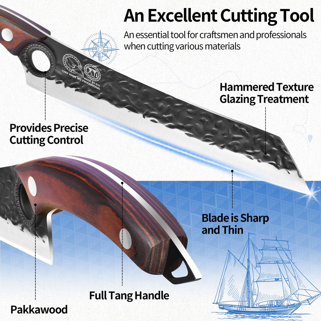 XYJ Kitchen Knife, High Carbon Steel Hand Forged Japanese Chef Knife for Meat Cutting, Cleaver, Cooking Knife with Finger Hole Design, Knife with Sheath, Full Tang, Ergonomic Handle