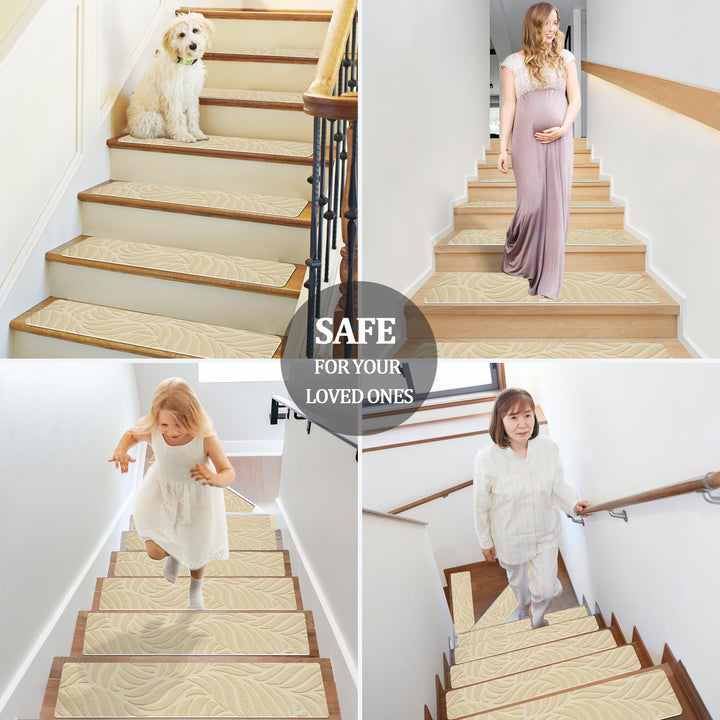 Bolinker Non-Slip Stair Treads Carpet for Wooden Steps, 29.9 x 7.9IN Indoor Self-Adhesive Stair Treads Mat, Comes with Beautiful Patterns, Anti Slip Stair Rugs for Kids Elders and Dogs, 15PCS(Beige)